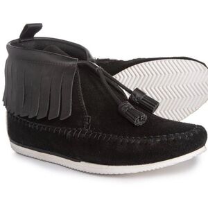 Rag & Bone Ghita Hidden Wedge Moccasin Bootie w Fringe in Black Suede
